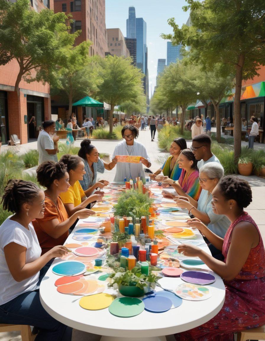 A vibrant community gathering scene featuring diverse people engaging in collaborative activities, sharing ideas over a large round table filled with colorful materials. Include elements like a digital dashboard displaying online connections and support messages. The background should depict a lively cityscape with greenery, symbolizing connection and growth. super-realistic. vibrant colors. dynamic composition.