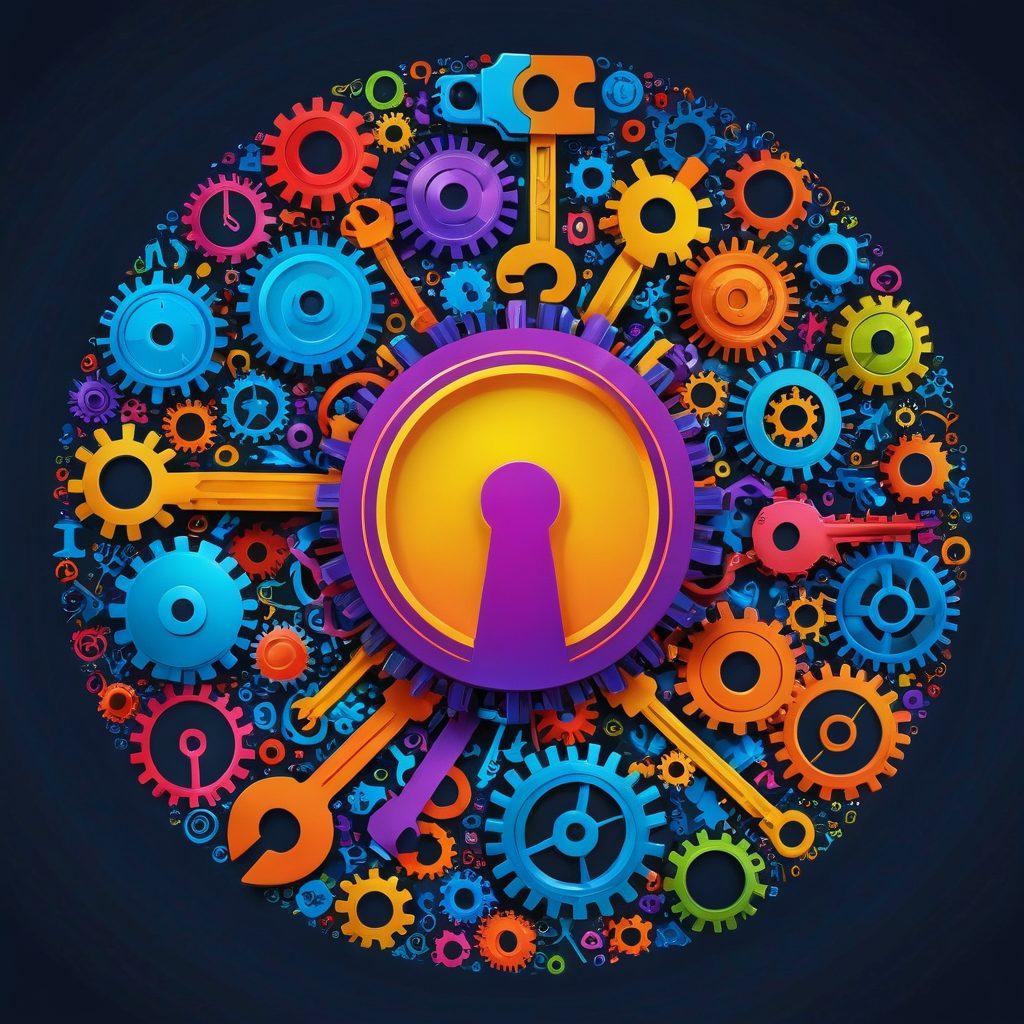 A vibrant digital collage showcasing various myNCL tools and services, including vibrant icons of community features, interconnected by colorful pathways symbolizing collaboration and growth. In the center, an illuminated key representing 'unlocking power'. Surrounding the key, elements like gears for tools, people figures symbolizing community, and service icons, all on a bright, engaging background. super-realistic. vibrant colors. 3D.